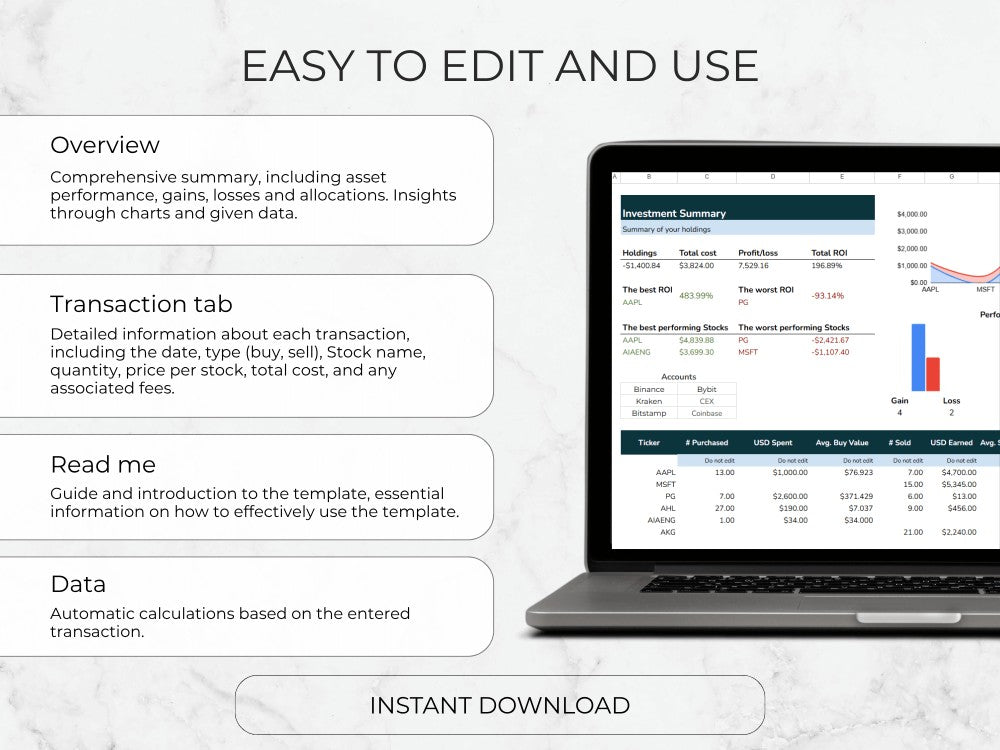 Laptop displaying a financial template with text on editing and usage
