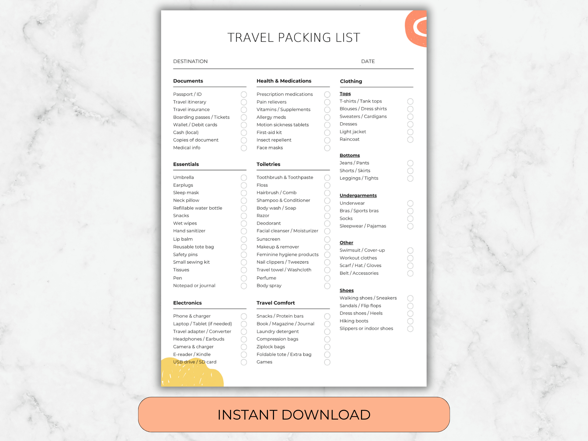 Travel packing list template on a marble background with 'Instant Download' button.