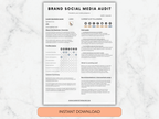Brand Social Media Audit document on a marble background with an 'Instant Download' button.