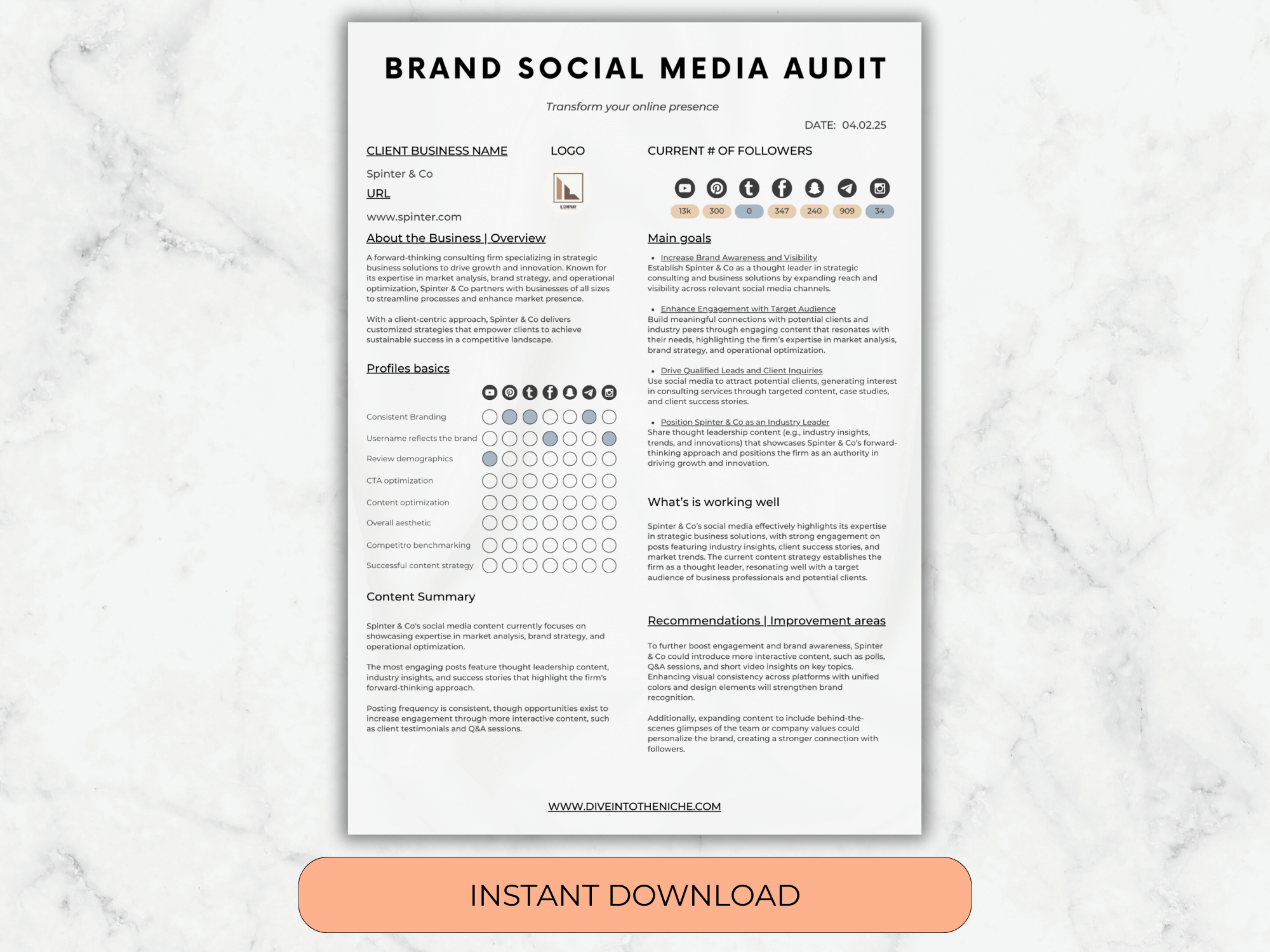 Brand Social Media Audit document on a marble background with an 'Instant Download' button.