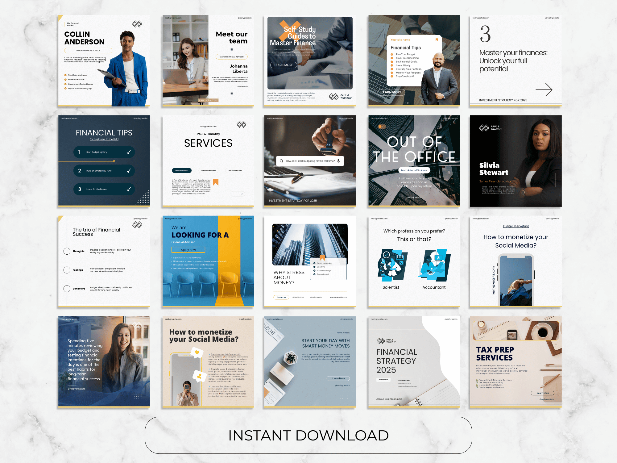 Collection of financial services and tips slides on a white background with 'Instant Download' button.