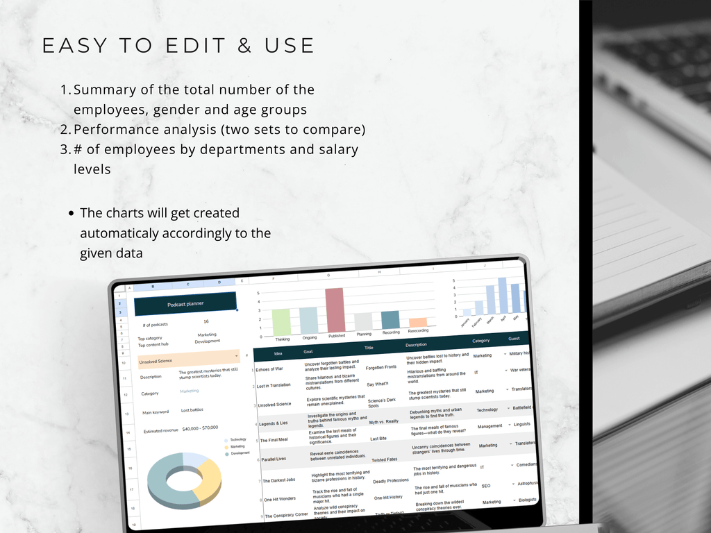 Laptop displaying a spreadsheet with charts and text on a marble surface