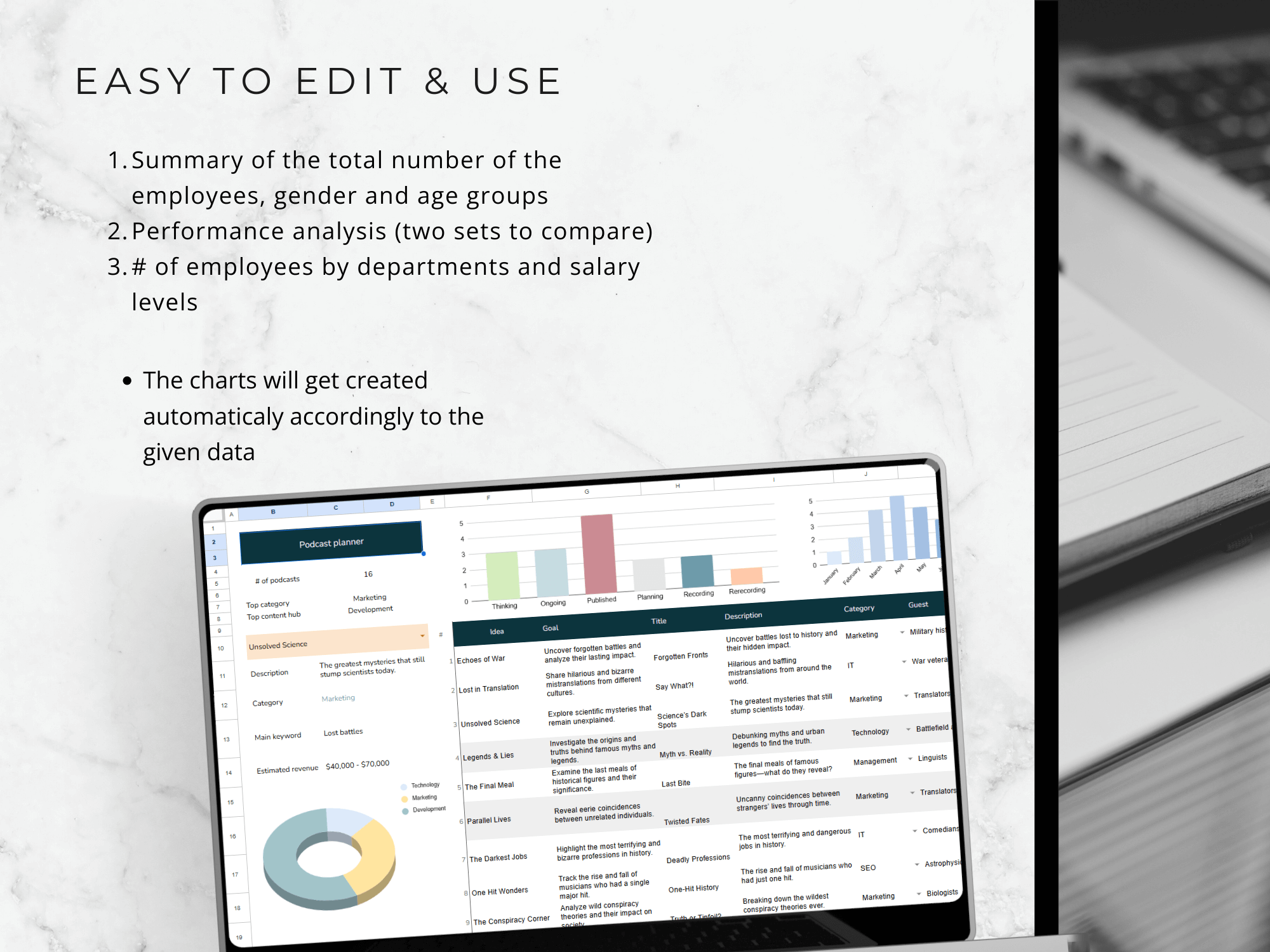 Laptop displaying a spreadsheet with charts and text on a marble surface