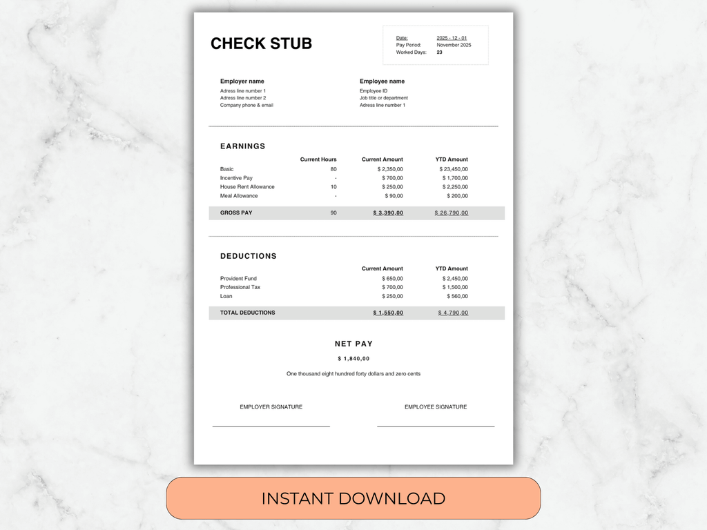 Check stub template with 'Instant Download' button on a marble background