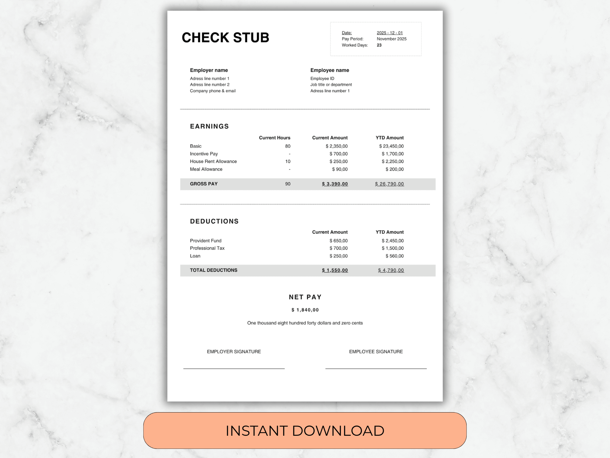 Check stub template with 'Instant Download' button on a marble background