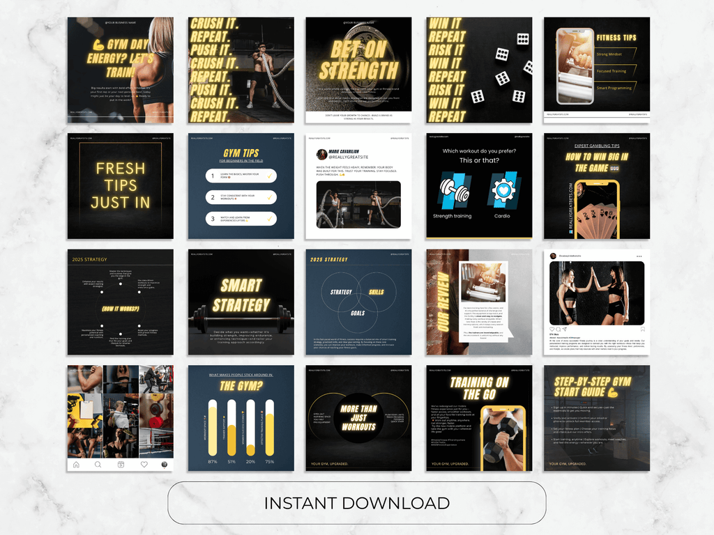 Collection of gym-themed digital downloads with motivational text and images on a marble background.