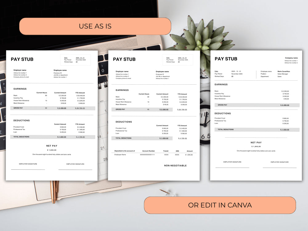 Three pay stub templates displayed on a desk with a laptop and plant in the background.