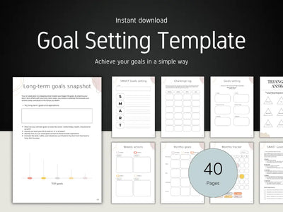Promotional graphic for an instant download Goal Setting Template, showing multiple printable worksheet pages on a dark background with a light gray footer. The text reads 'Instant download Goal Setting Template' and 'Achieve your goals in a simple way.