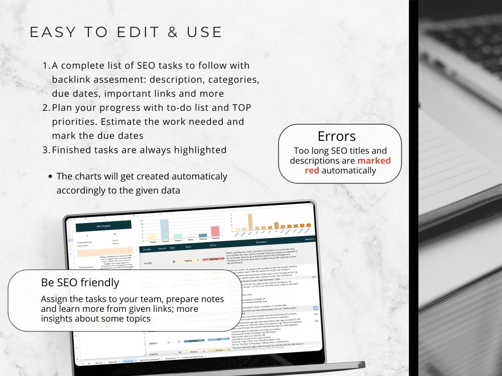 Laptop screen displaying SEO task management software with text on a white background