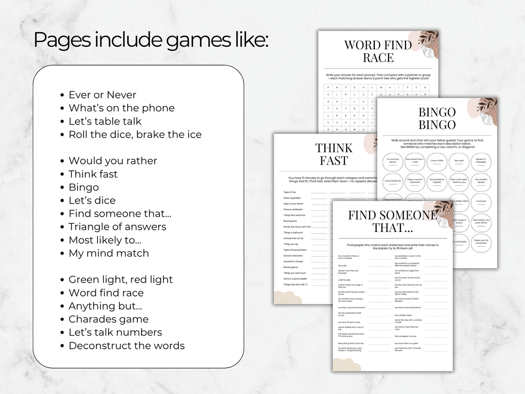 Collection of game sheets on a marble surface with text listing included games.