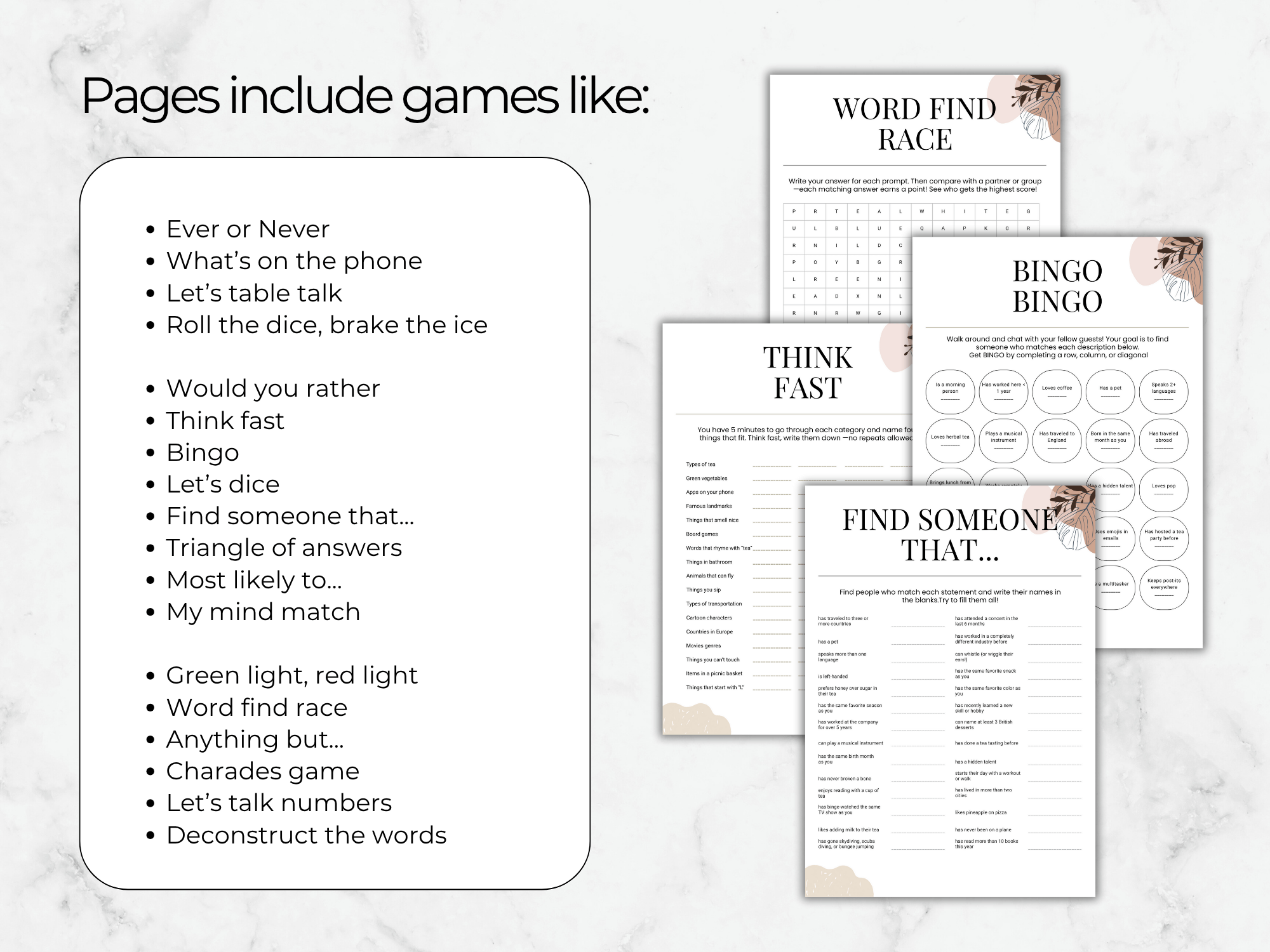Collection of game sheets on a marble surface with text listing included games.