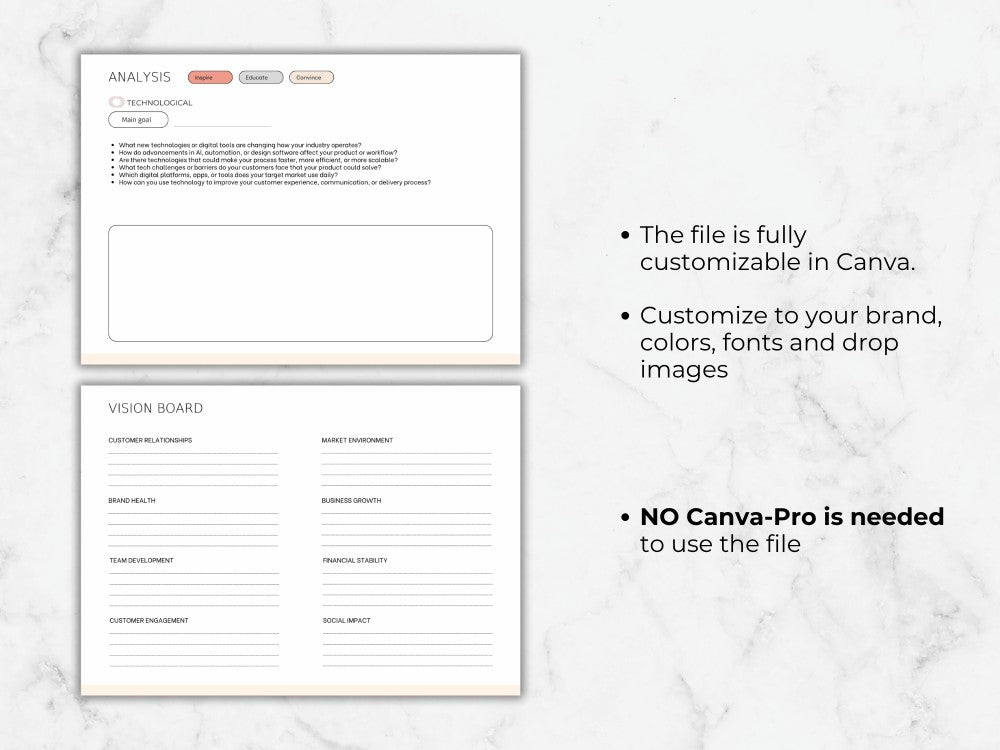 Two white sheets with text and design elements on a marble background