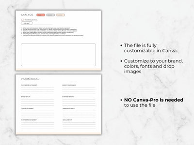Two white sheets with text and design elements on a marble background