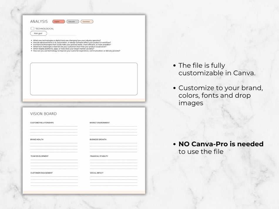 Two white sheets with text and design elements on a marble background