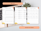 Three workout tracker pages on a desk with a keyboard and plant, with text indicating options to use as is or edit in Canva.