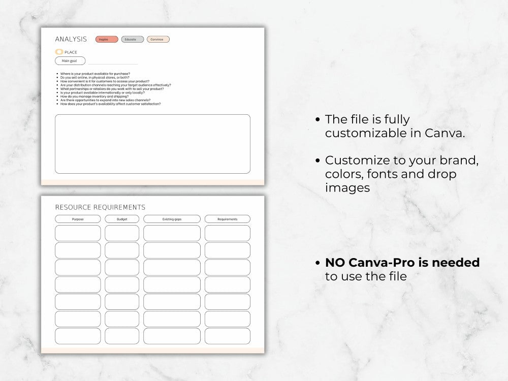 Two customizable design templates on a marble background with text about Canva customization.