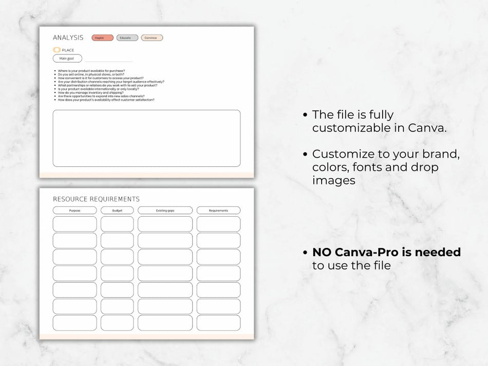 Two customizable design templates on a marble background with text about Canva customization.