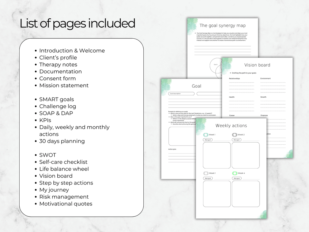 List of pages included in a goal planning system with printed sheets on a marble background.