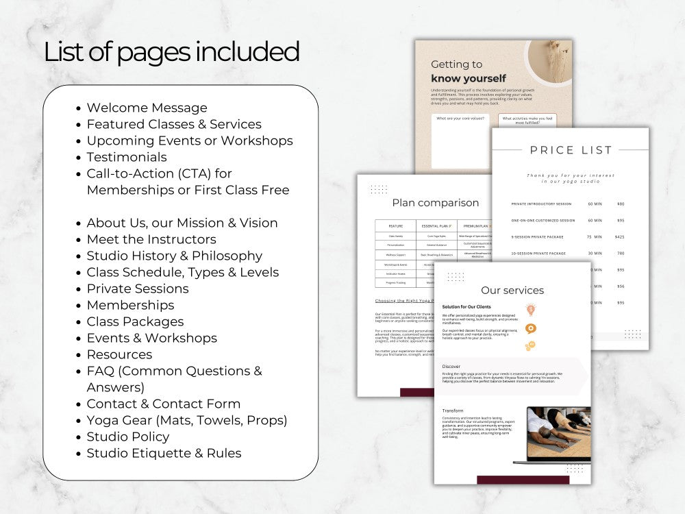 Pages of a website or app with text and images on a marble background