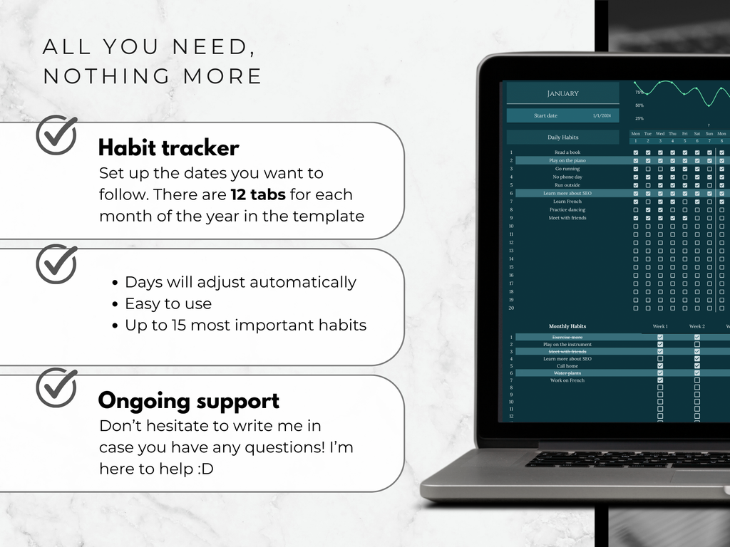 Laptop displaying a habit tracker app with text on a white background