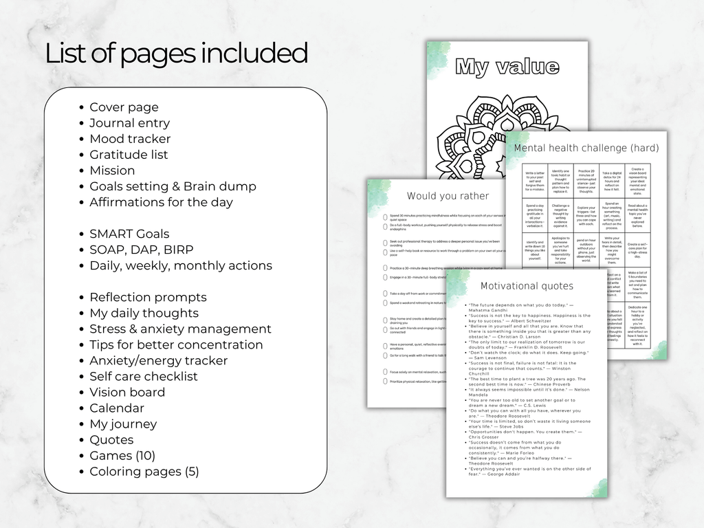 List of pages included in a self-care and mental health journal on a marble background