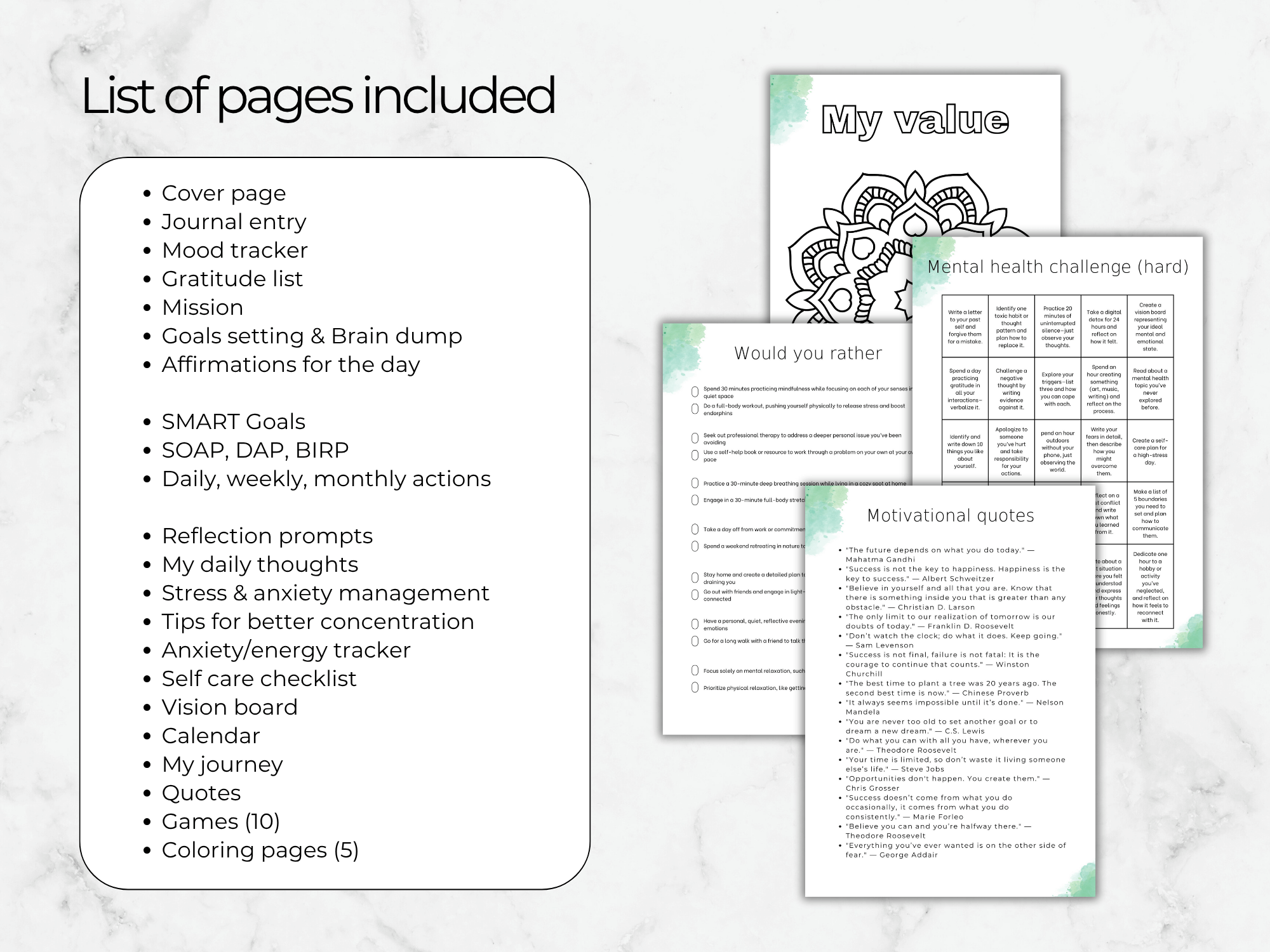 List of pages included in a self-care and mental health journal on a marble background