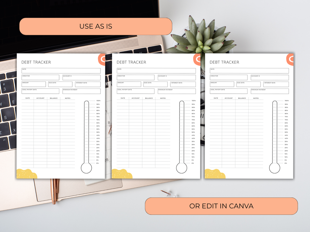 Three debt tracker pages displayed on a desk with text indicating options to use as is or edit in Canva.