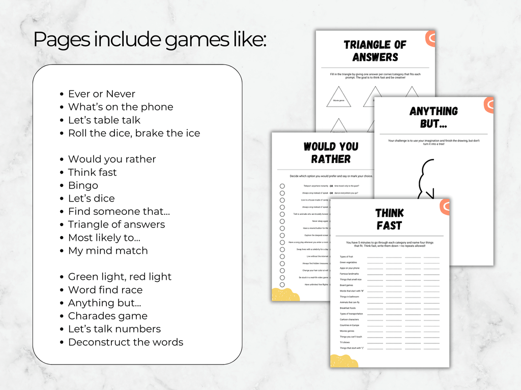 Pages with various icebreaker games on a marble background