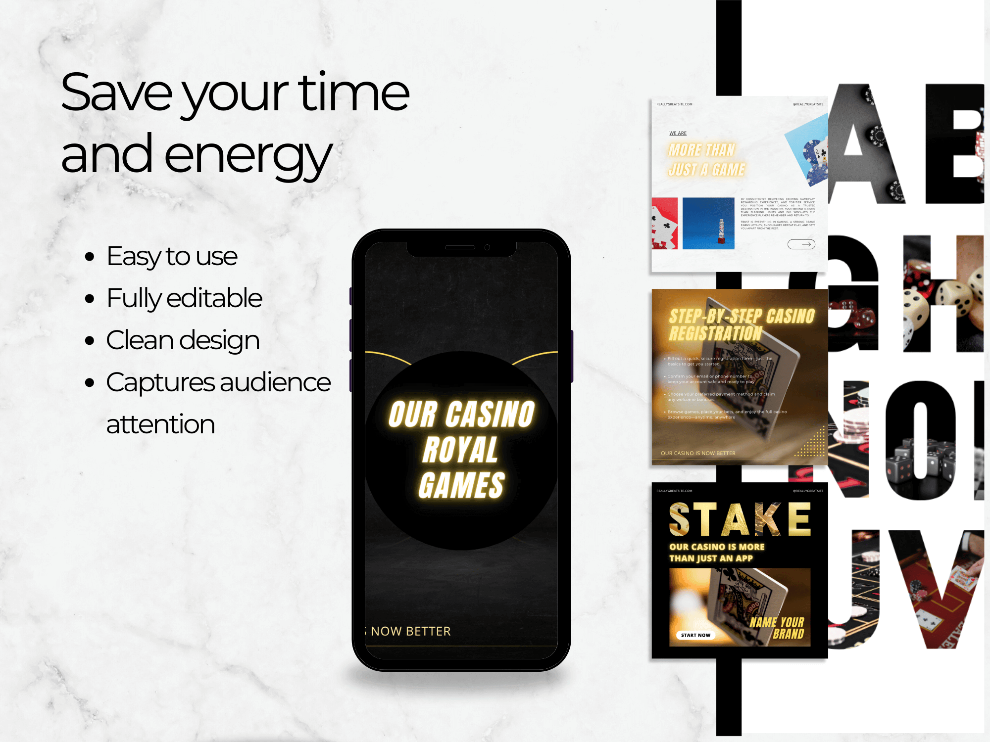 Phone screen with 'Our Casino Royal Games' text, surrounded by promotional materials on a white background.