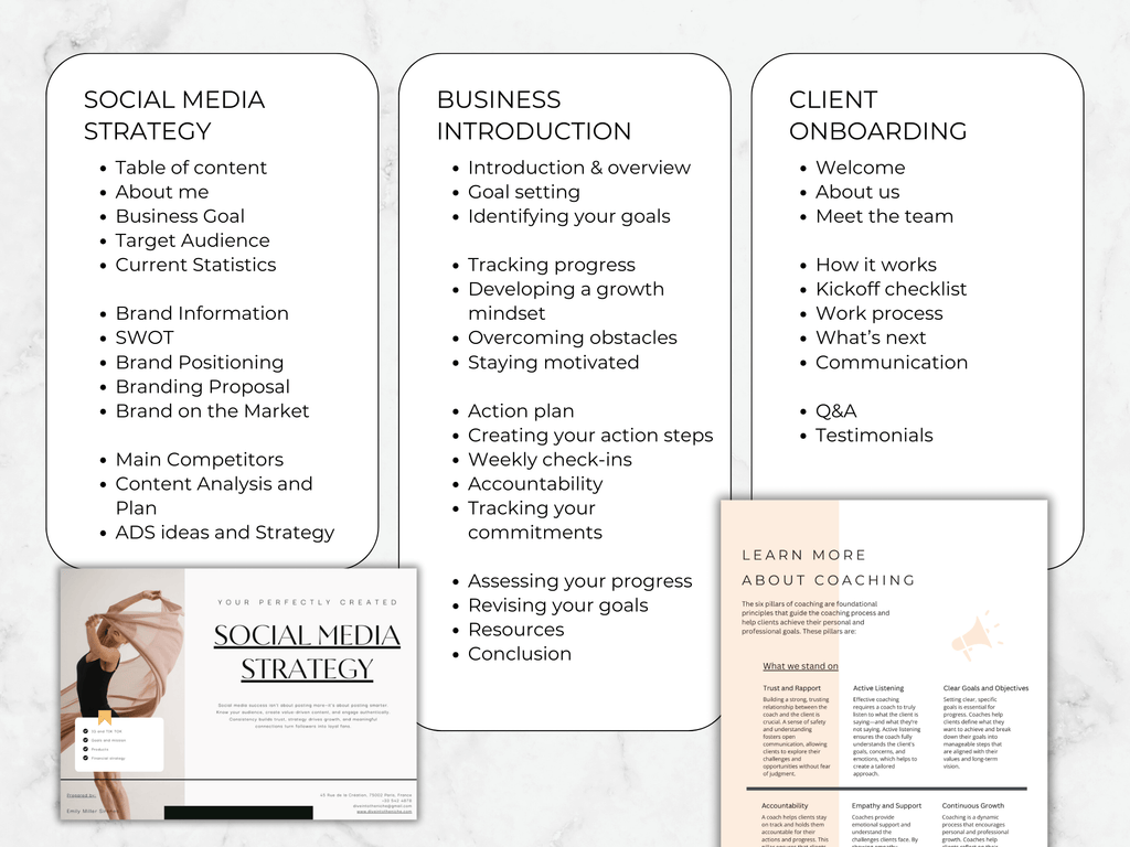 Outline of a social media strategy document with sections like Social Media Strategy, Business Introduction, and Client Onboarding.