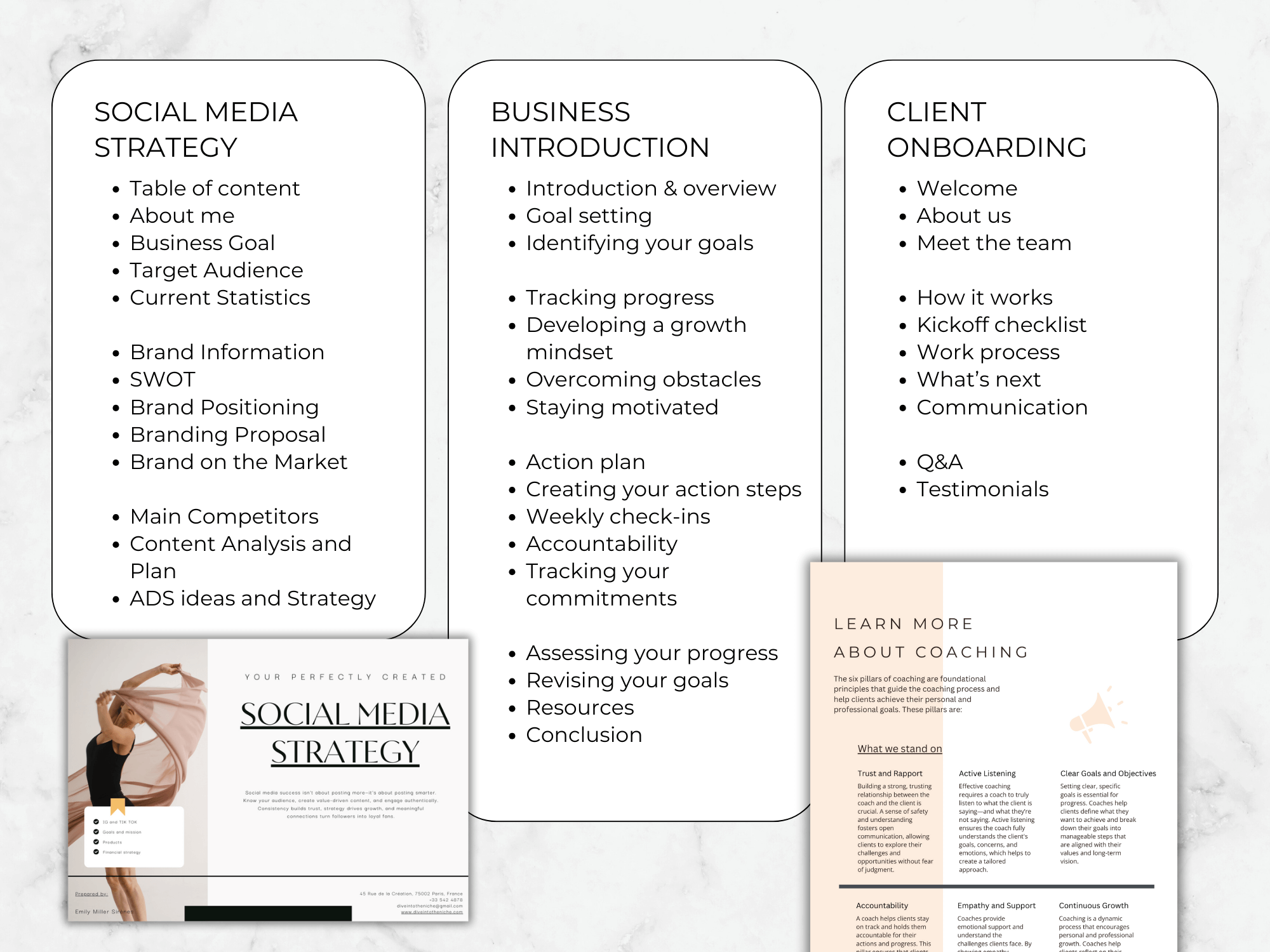 Outline of a social media strategy document with sections like Social Media Strategy, Business Introduction, and Client Onboarding.