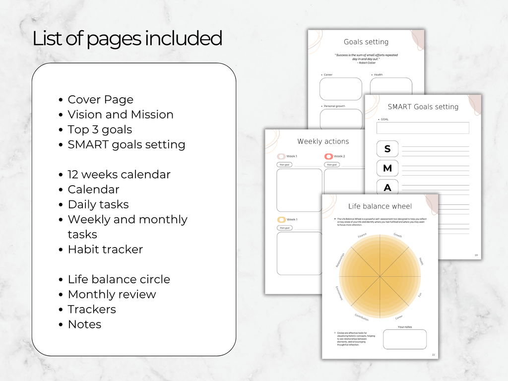 Collection of goal-setting sheets on a marble surface with text listing included pages.