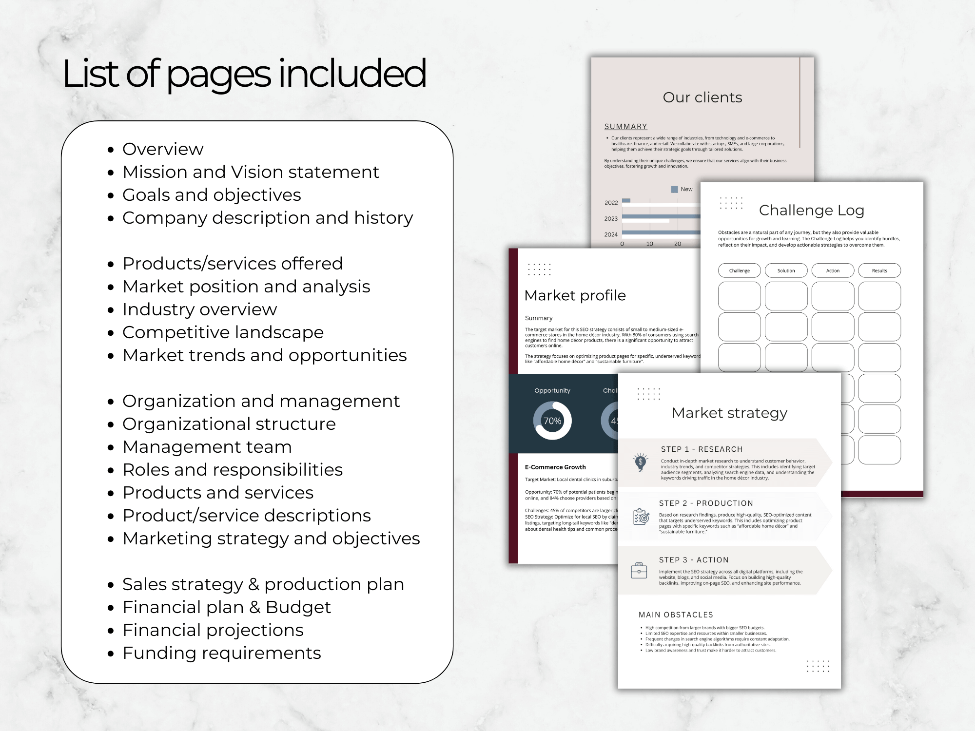 Pages of a business plan template on a marble surface