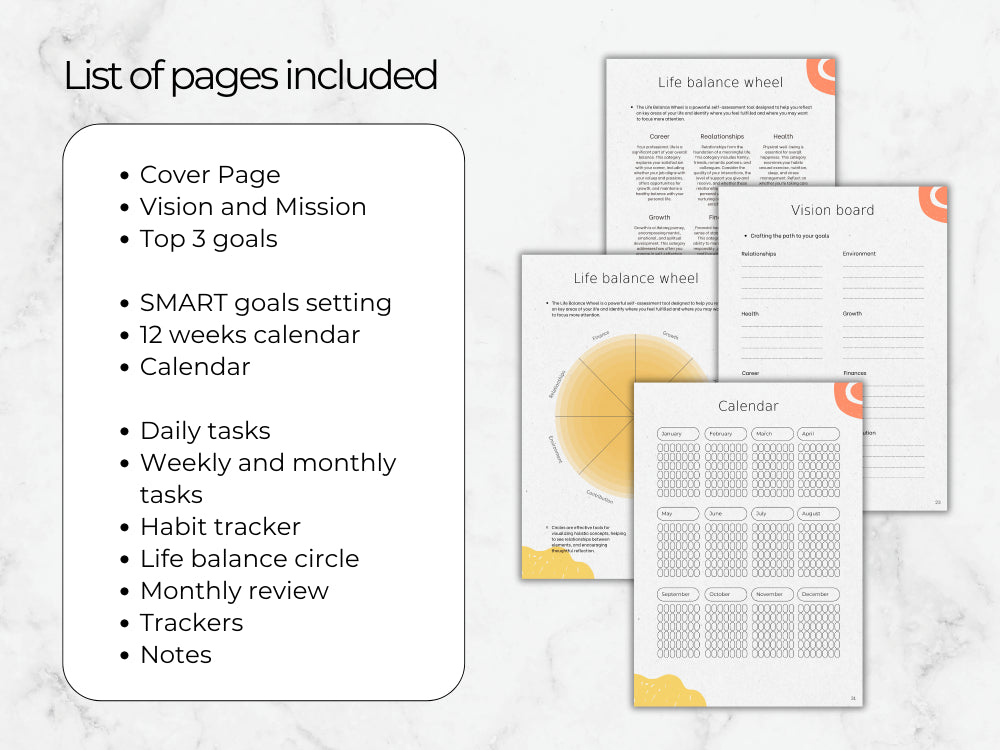 Collection of goal-setting and planning pages on a marble background