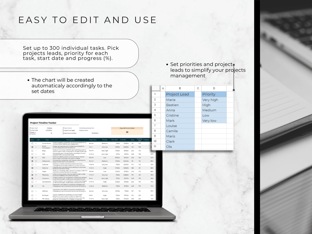 Laptop displaying a project management software with a chart and list on a marble surface.