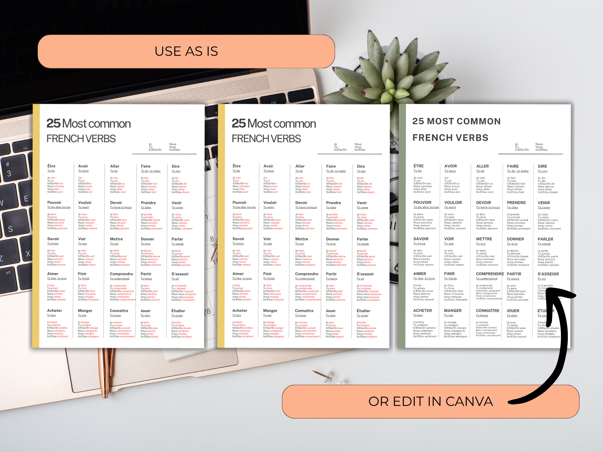 Three pages of a French verb chart on a desk with a keyboard and plant.