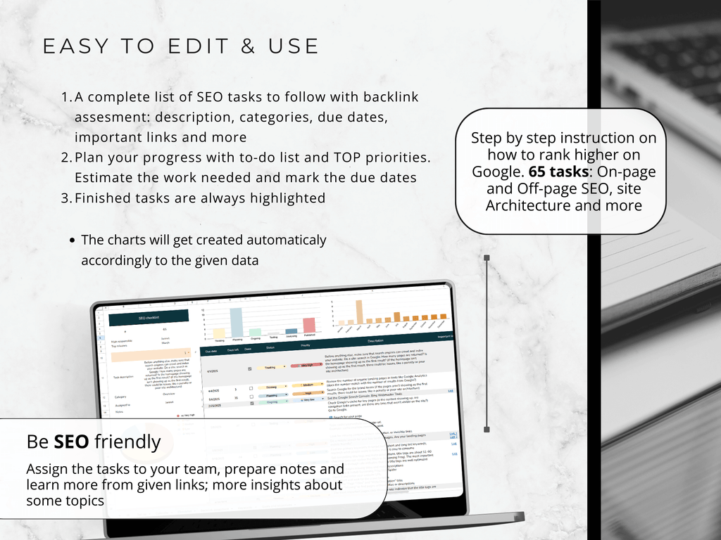 Laptop displaying an SEO task management software with text on a gray background