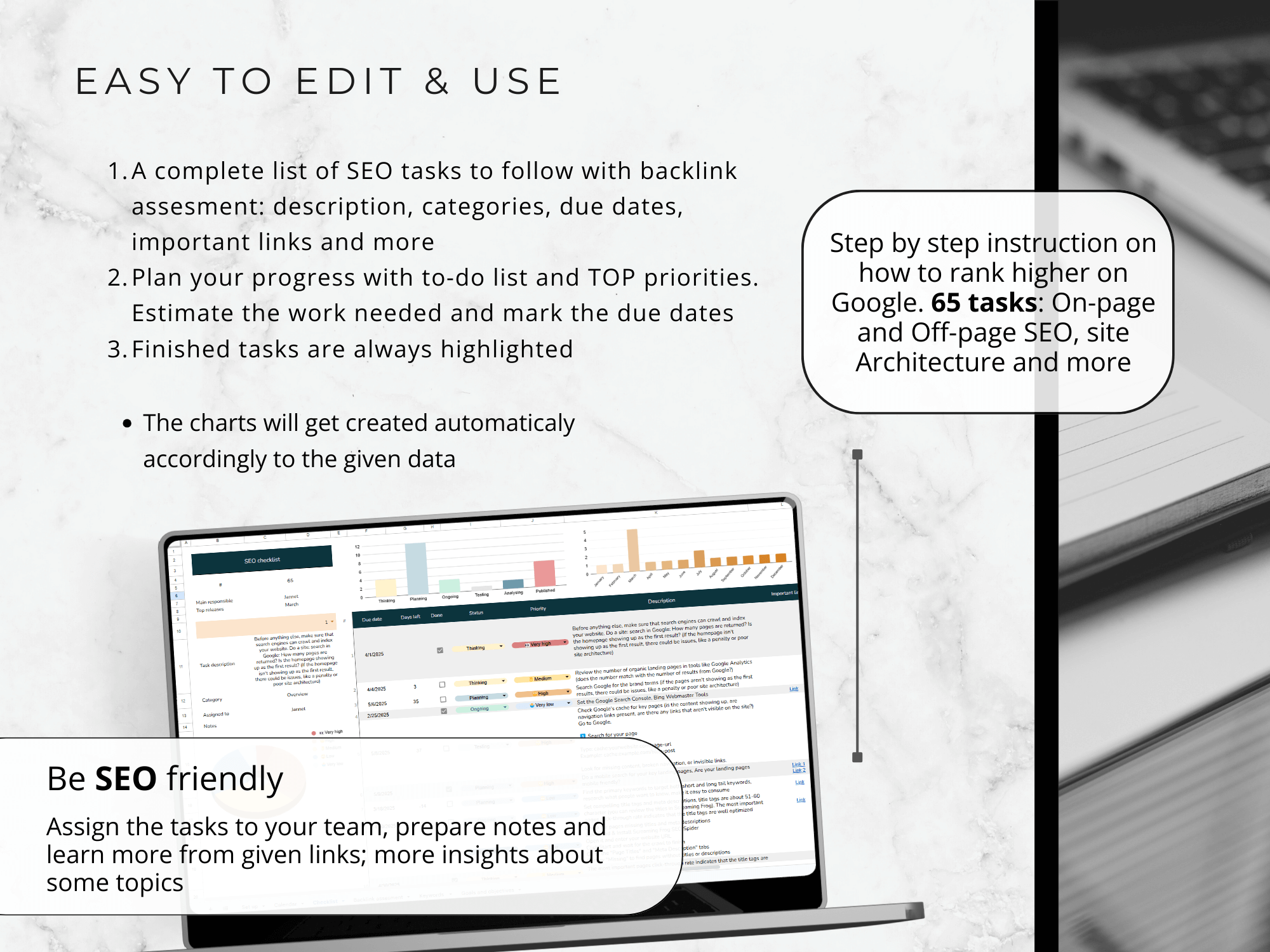 Laptop displaying an SEO task management software with text on a gray background