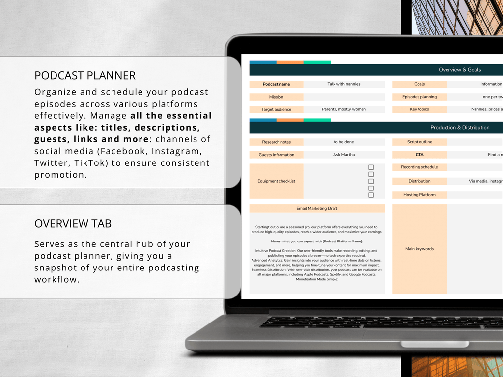Laptop displaying a podcast planner software with text on organizing podcast episodes.