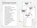Collection of printed pages with various activities on a marble surface