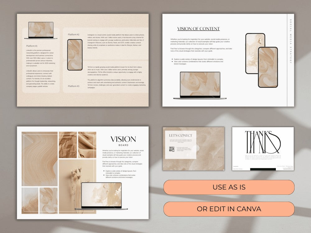 Design templates for a brand guide with text and images on a gray background.
