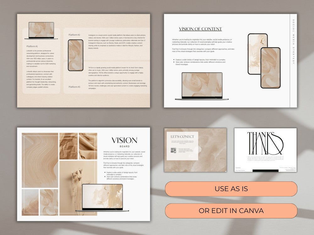 Design templates for a brand guide with text and images on a gray background.