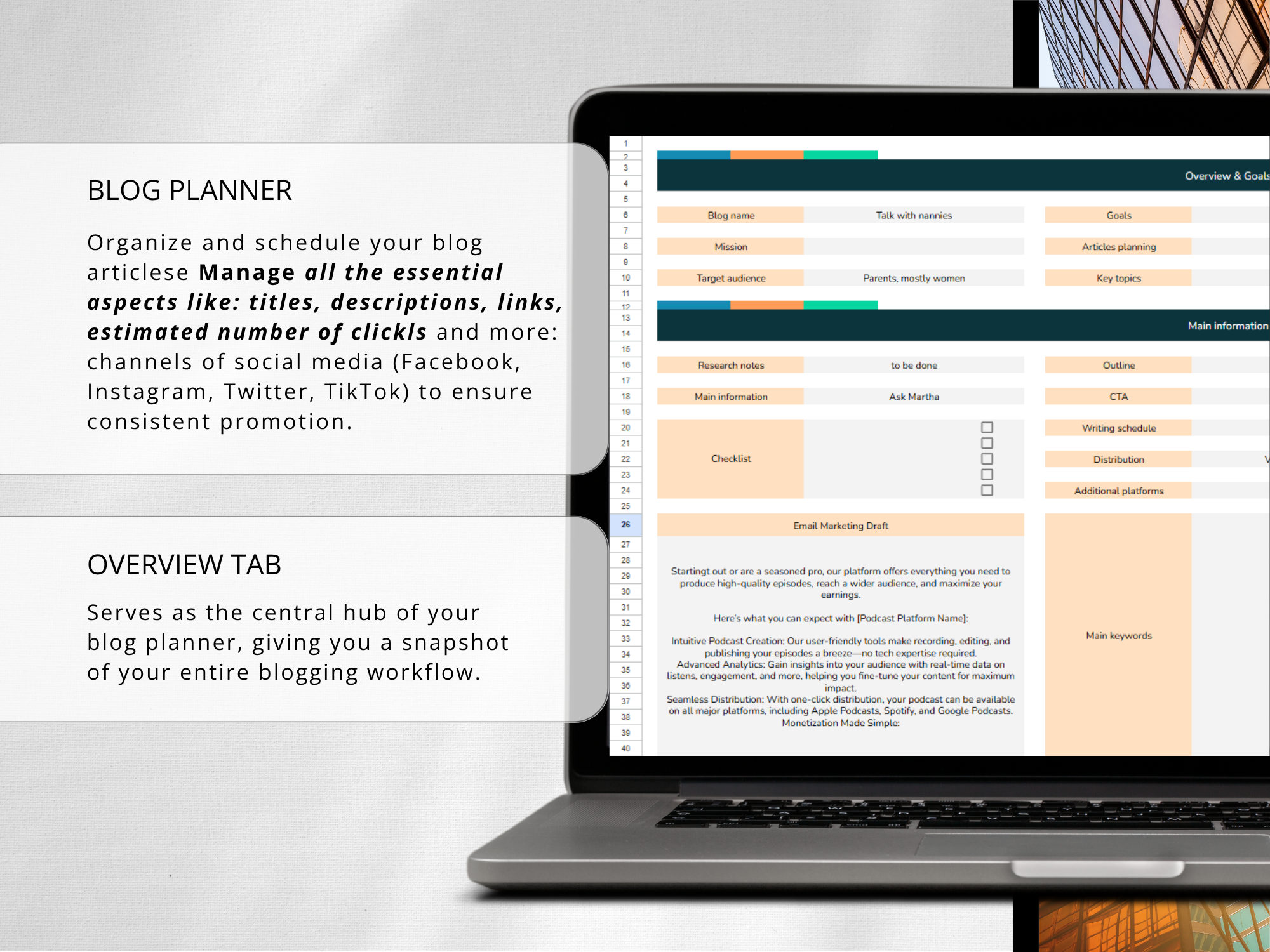 Laptop displaying a blog planner software with text on organizing blog articles.