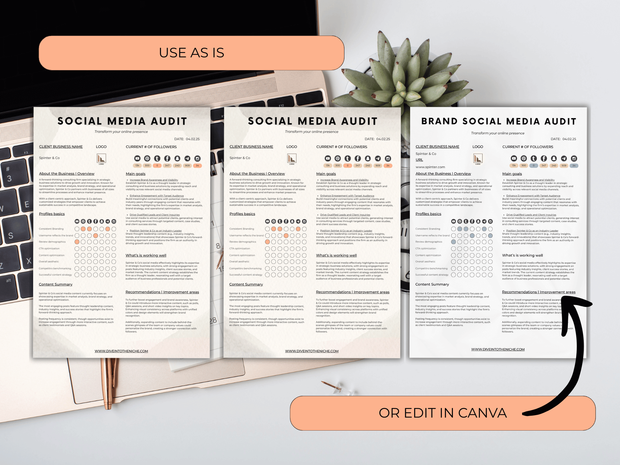 Three social media audit templates on a desk with a keyboard and plant, with text indicating options to use as is or edit in Canva.