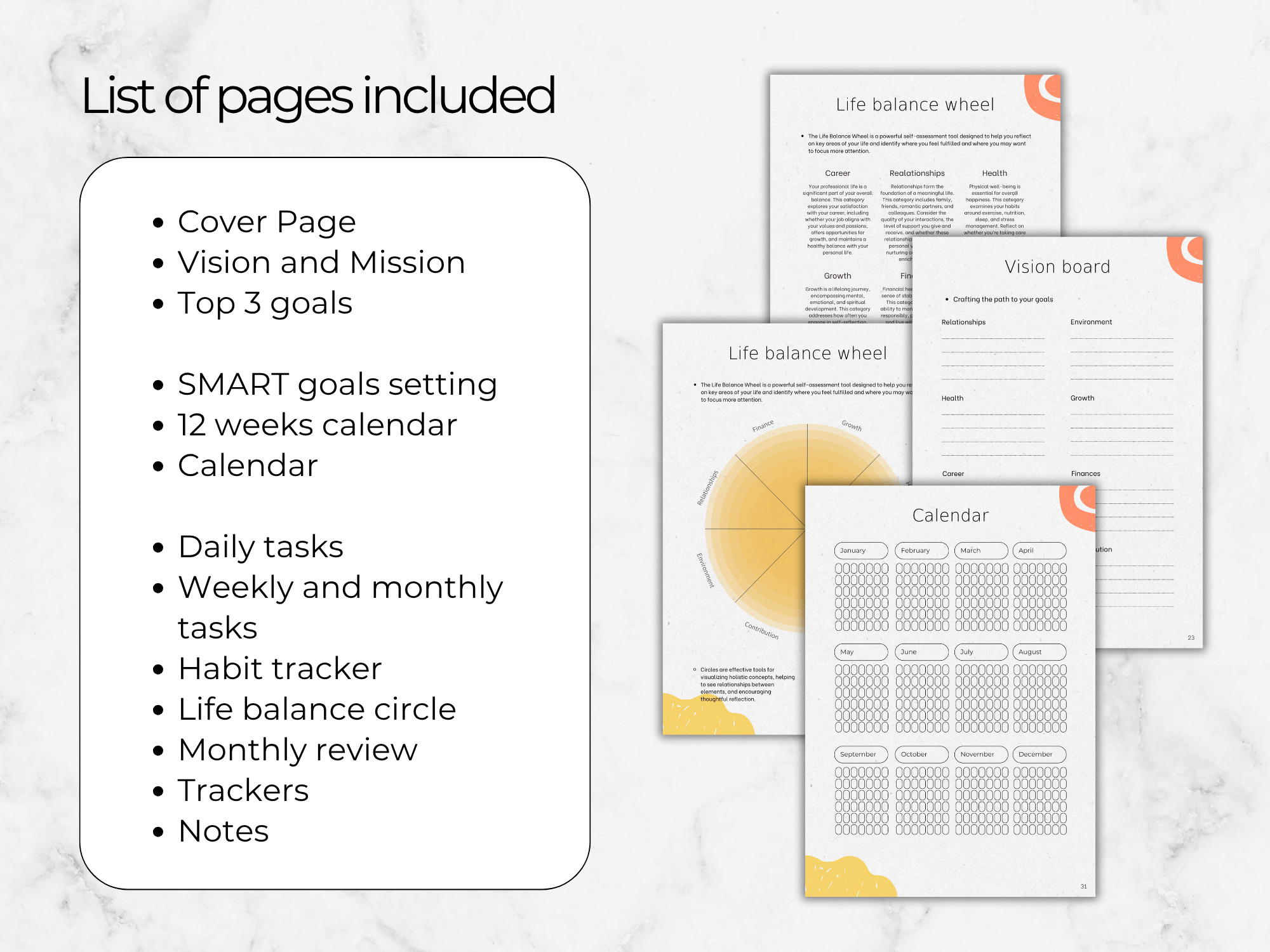 Collection of goal-setting and planning pages on a marble background