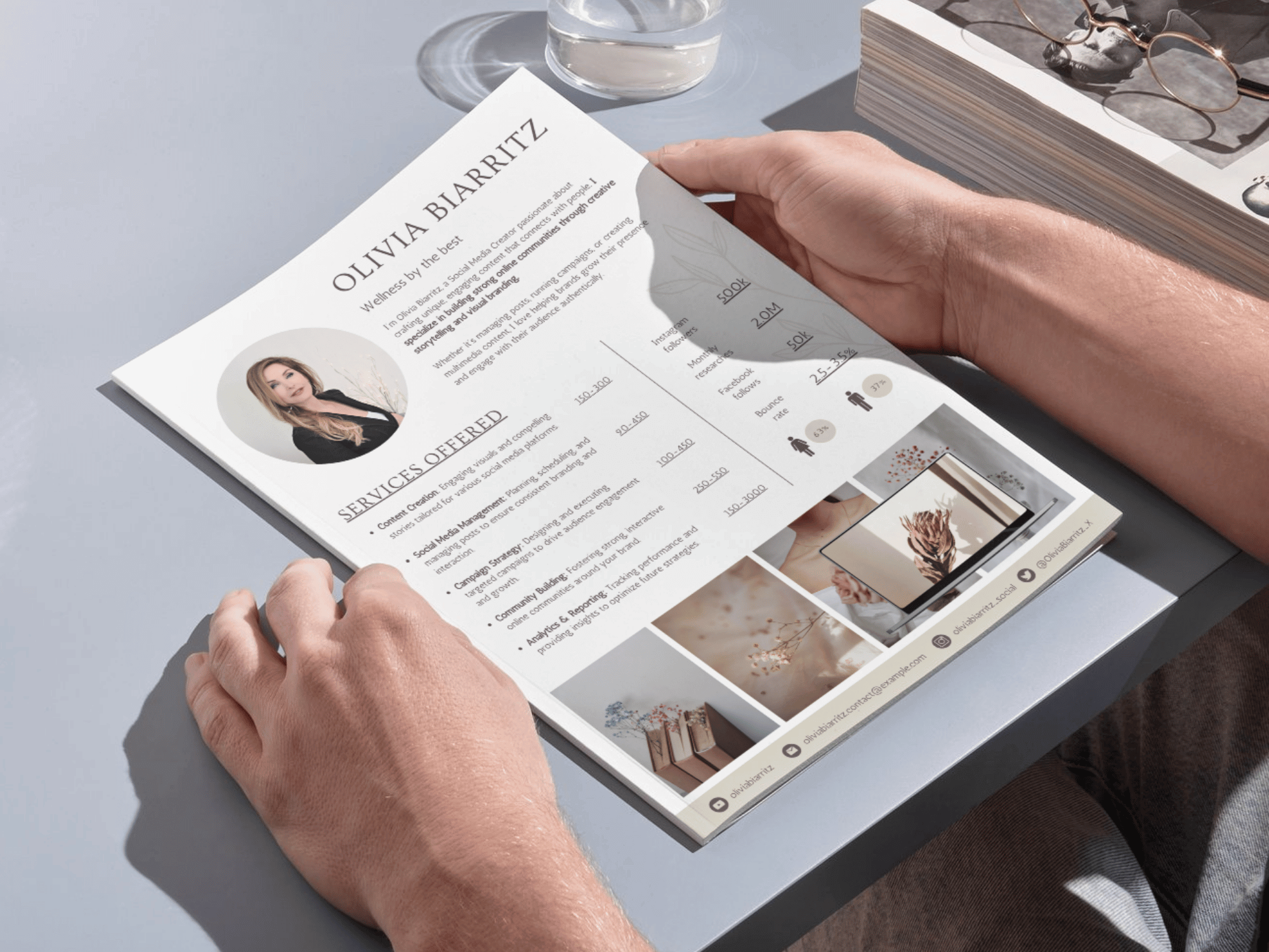 Person holding a brochure with a design featuring a woman's face and product images.