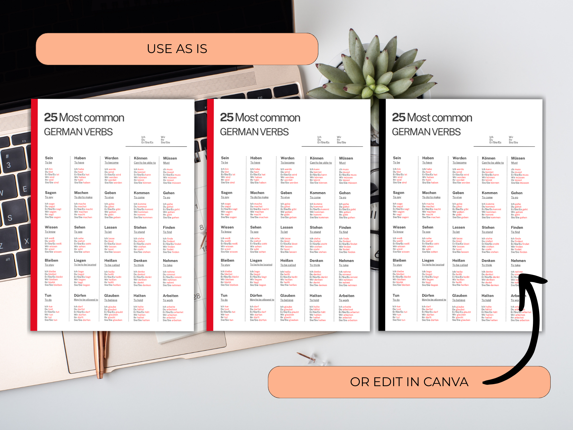 Three open books displaying a table of 25 most common German verbs on a desk with a keyboard and plant.
