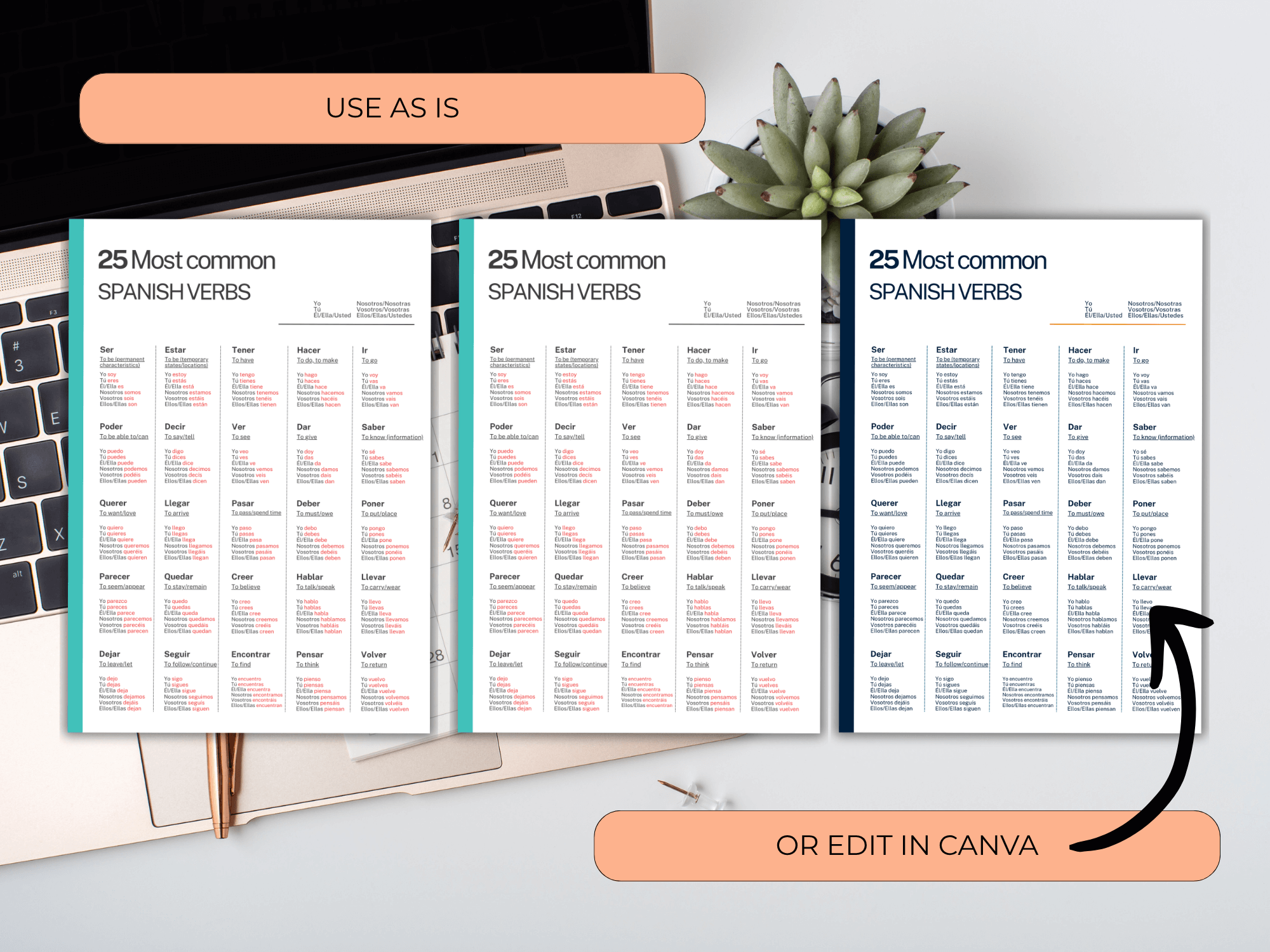 Three identical pages of a Spanish verb chart on a desk with a laptop and plant.