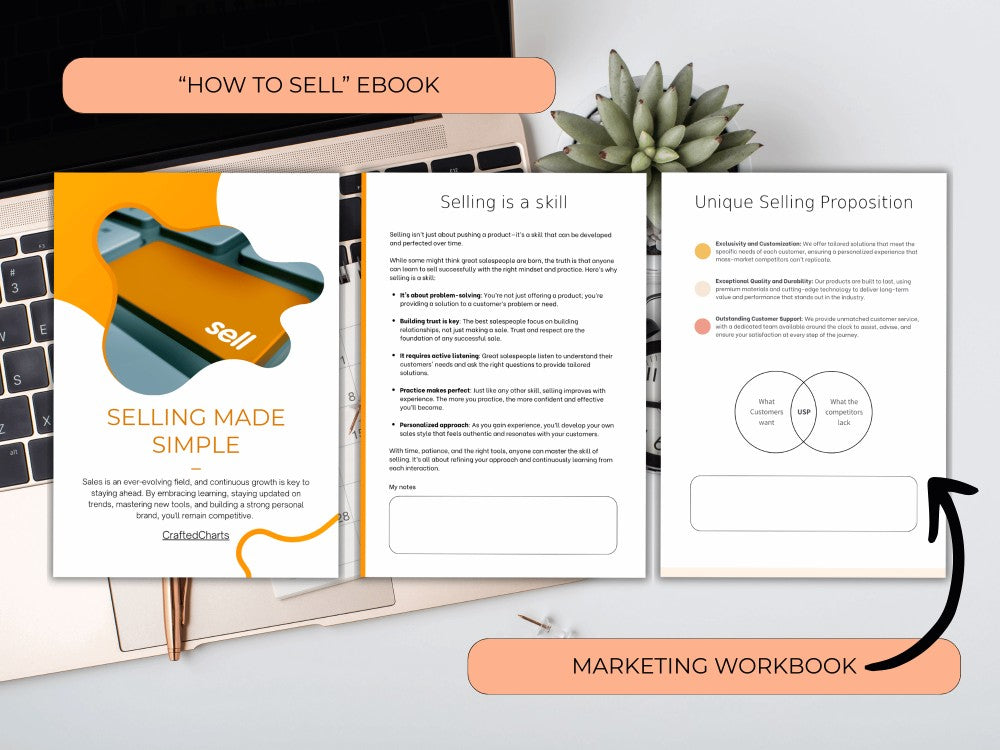 Open book with 'How to Sell' eBook and marketing workbook on a desk.