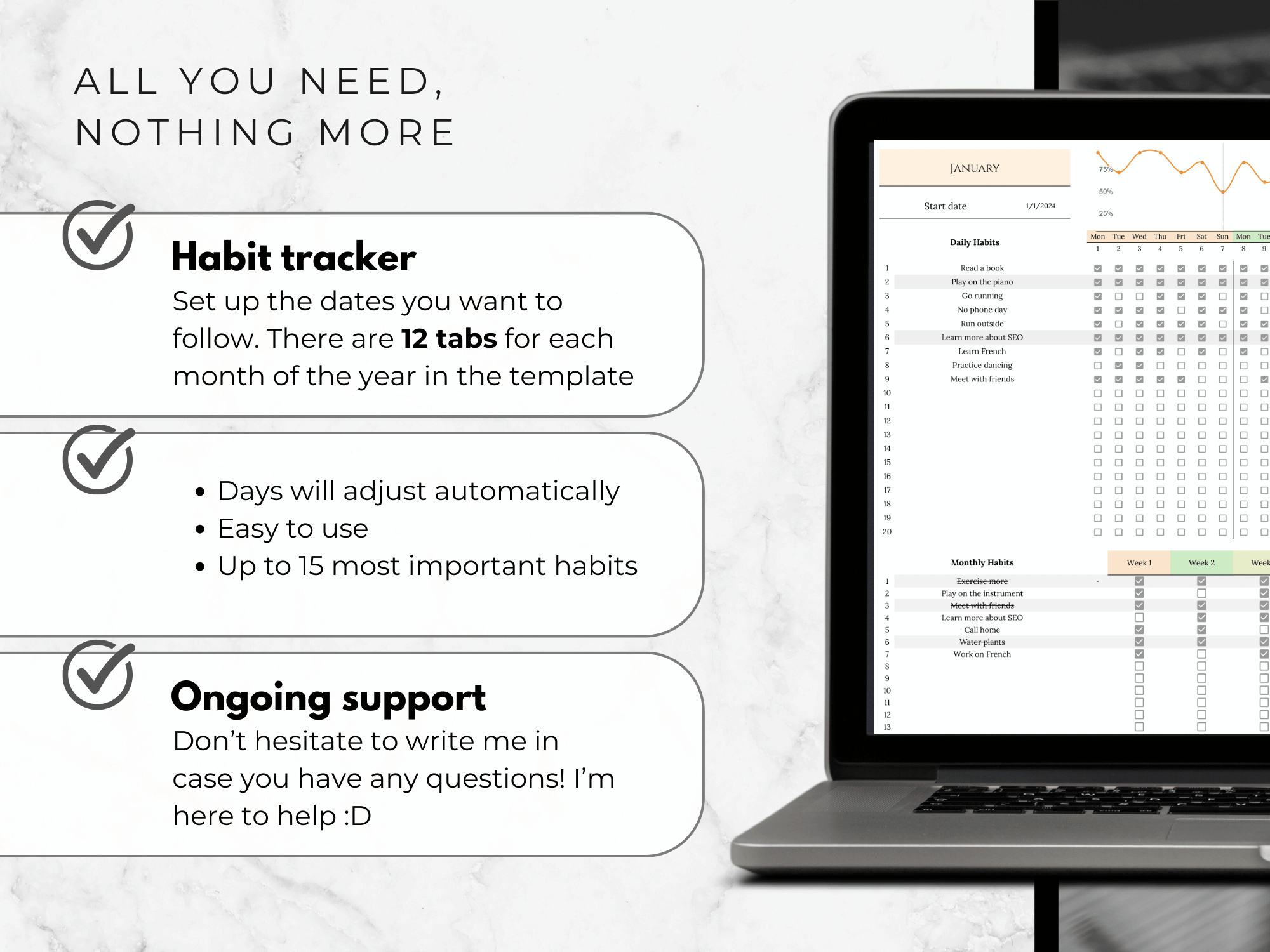 Laptop displaying a habit tracker app with text about features and support on a white background